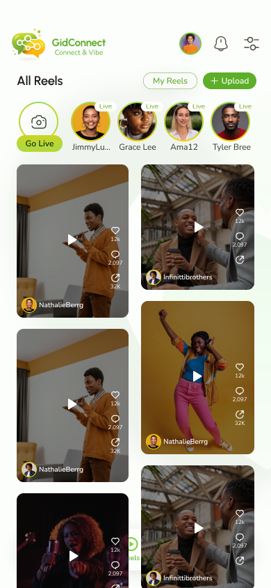 GidConnect reels home screen